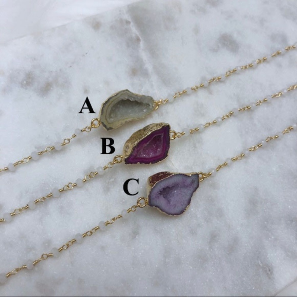 Petite Druzy Geode Chalcedony Gold Chain Necklace - Picture 3 of 6